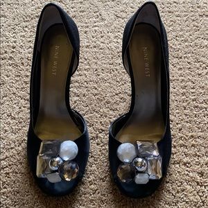 Black peep toe shoes with rhinestones. Nine West